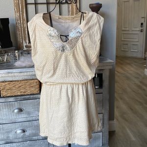 Chelsea and Violet Suede like dress. Cream with silver metallic neckline Size L